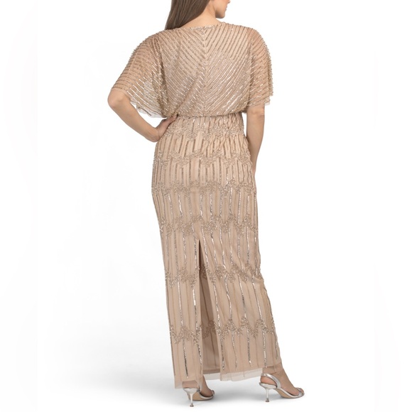 ADRIANNA PAPELL HAND BEADED SHORT SLEEVE ILLUSION GOWN CHAMPAGNE GOLD - Picture 2 of 5